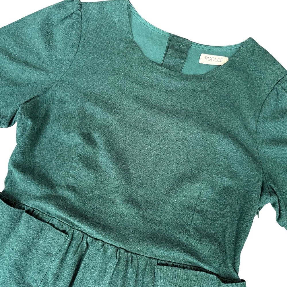 Roolee Womens Forest Green Linen Blend Midi Cottagecore Dress Small Prairie Boho
